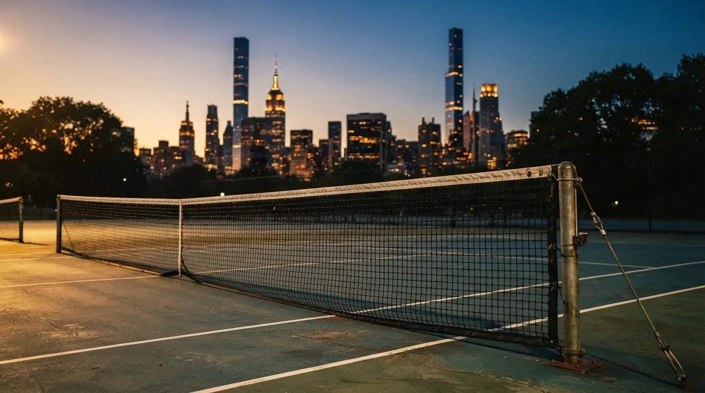 Die Hochhäuser einer Grossstadt in der Dämmerung, gesehen von einem Park, im Vordergrund ein gespanntes Tennisnetz.