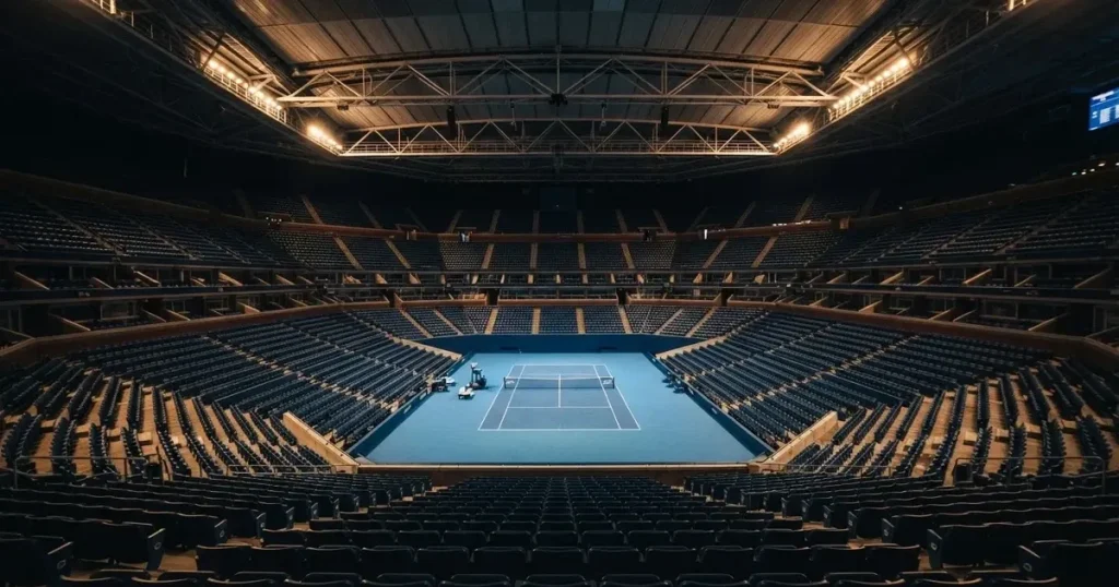Ein hohes Tennisstadion mit geschlossenem Dach, von innen beleuchtet, leere Sitzreihen umschliessen den blauen Hartplatz.