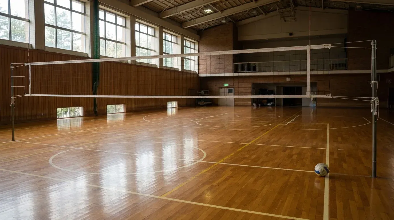 Eine Sporthalle mit gespanntem Volleyballnetz über poliertem Holzboden, hohe Fenster lassen Tageslicht herein.