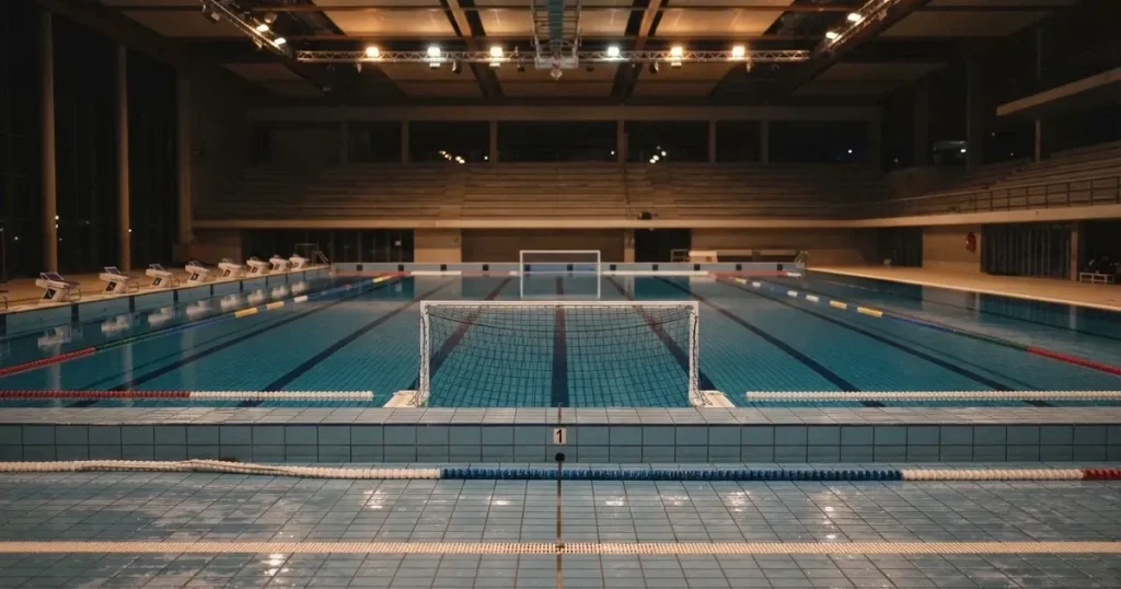 Ein Wasserballbecken am Abend mit zwei schwimmenden Torrahmen an den Enden, ruhiges blaues Wasser, leere Ränge.