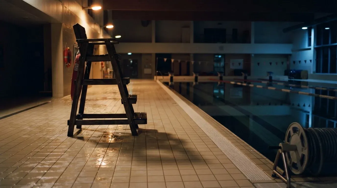 Ein Bademeisterstuhl neben einem Hallenbad zur Schliesszeit, gedimmtes Licht, glatte Wasseroberfläche.