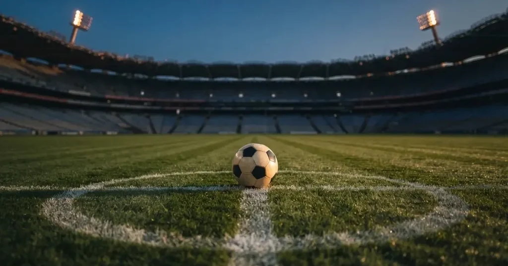 Ein Fussball liegt auf dem Anstosspunkt eines leeren Rasenplatzes, dahinter ragen die Ränge eines grossen Stadions in der Abenddämmerung auf.