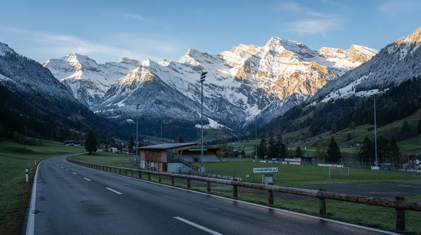 Schneebedeckte Berge erheben sich hinter einem Fussballstadion in einem Schweizer Tal, davor liegt eine leere Strasse im Morgenlicht.
