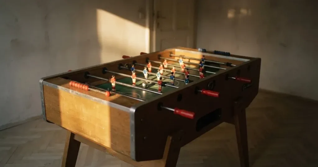 Ein Tischfussballtisch steht in einem leeren Raum, auf dem grünen Spielfeld liegt eine einzelne Kugel im Licht eines Fensters.