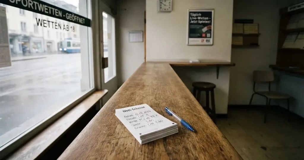 Ein leerer Ladentisch aus Holz mit einem Stapel unbeschriebener Papierzettel und einem Kugelschreiber, durch das Schaufenster fällt Tageslicht.