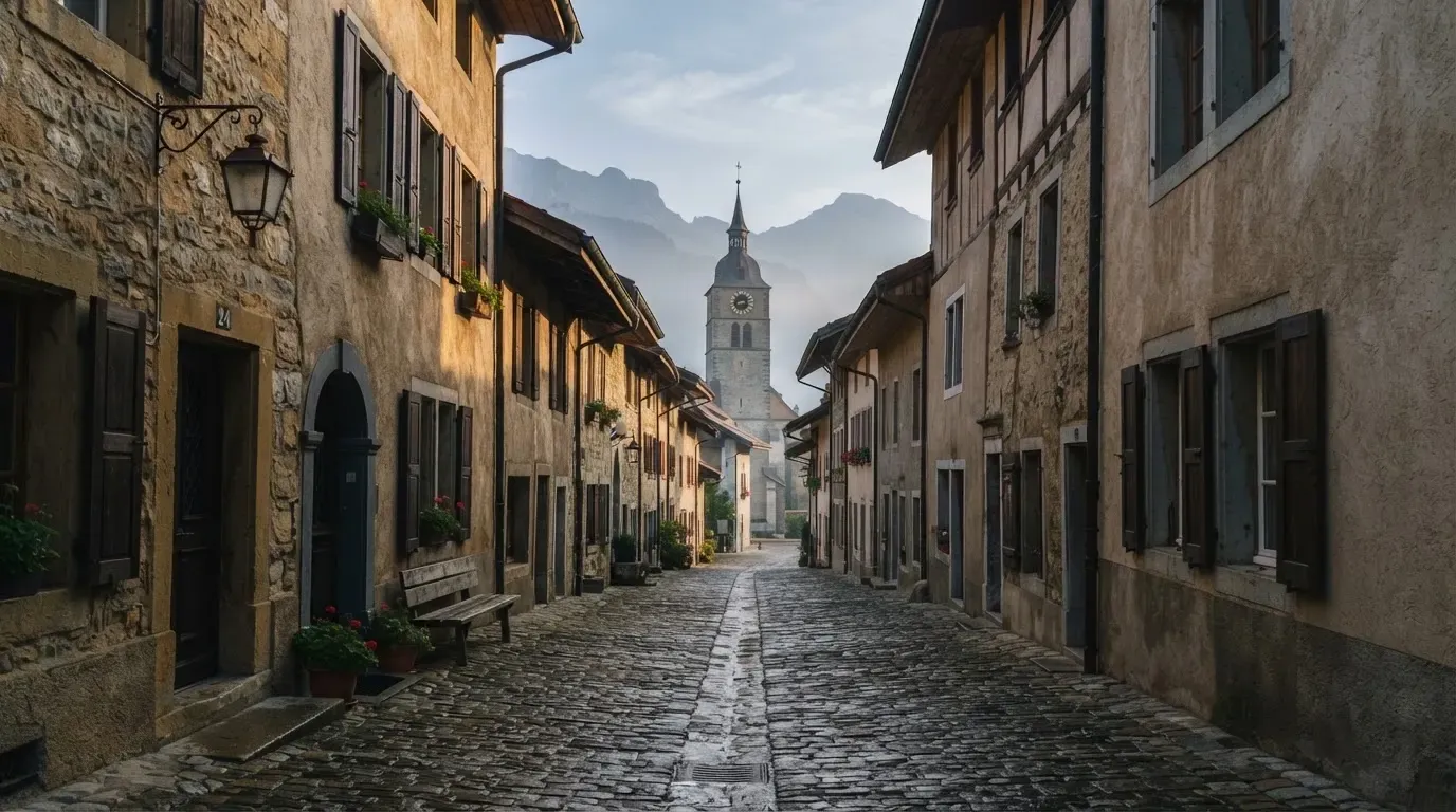 Eine ruhige Gasse in einer Schweizer Altstadt mit Kopfsteinpflaster am frühen Morgen, im Hintergrund ein Kirchturm und Berge im Dunst.