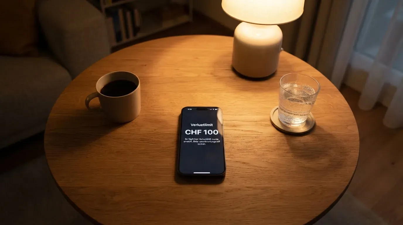 Ein Smartphone mit dunklem Display liegt neben einer Kaffeetasse und einem Glas Wasser auf einem Holztisch im Licht einer Lampe.
