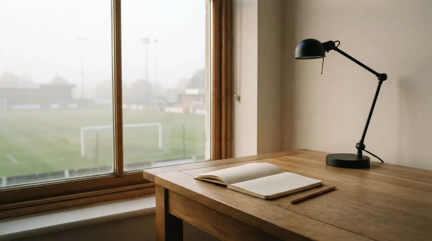 Ein Schreibtisch am Fenster mit Schreibtischlampe, Bleistift und leerem Block, draussen liegt ein Fussballplatz im Dunst.