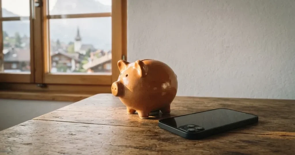 Ein Sparschwein aus Keramik steht auf einem Küchentisch neben einem Smartphone mit dunklem Display, im Fenster dahinter ein Schweizer Dorf im Morgenlicht.