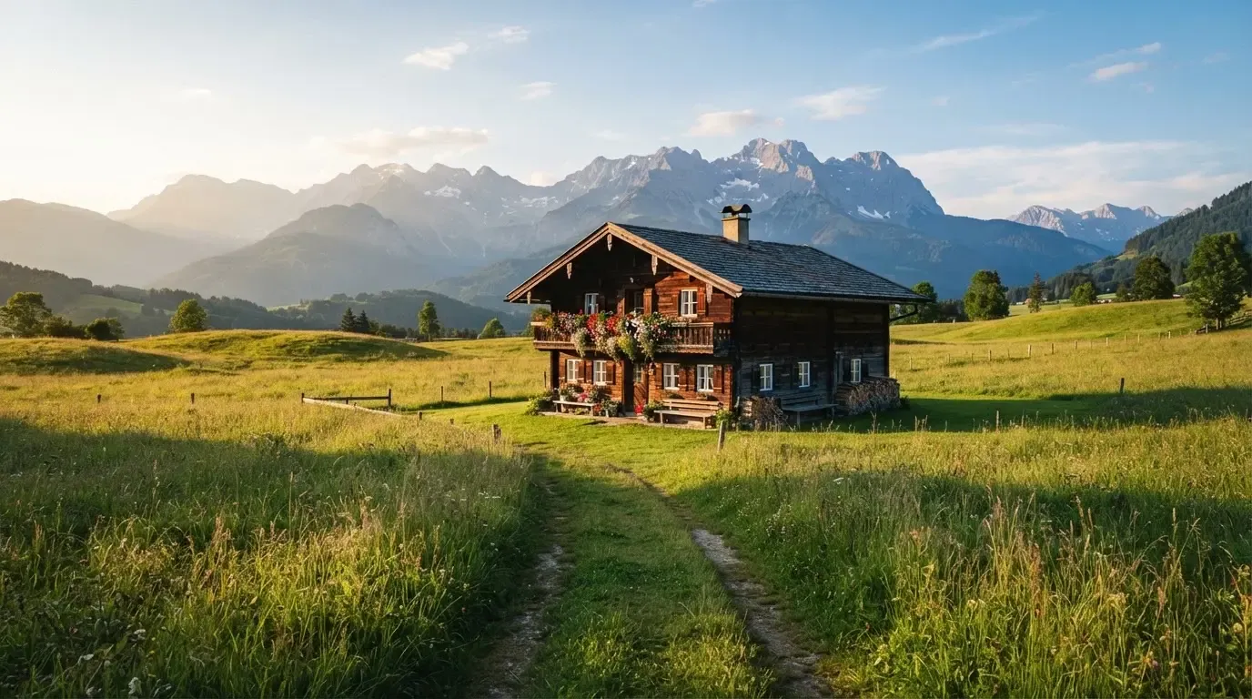 Ein Holzchalet mit Blumenkästen steht vor einer Bergkette im Abendlicht, davor führt ein leerer Feldweg durch eine Wiese.