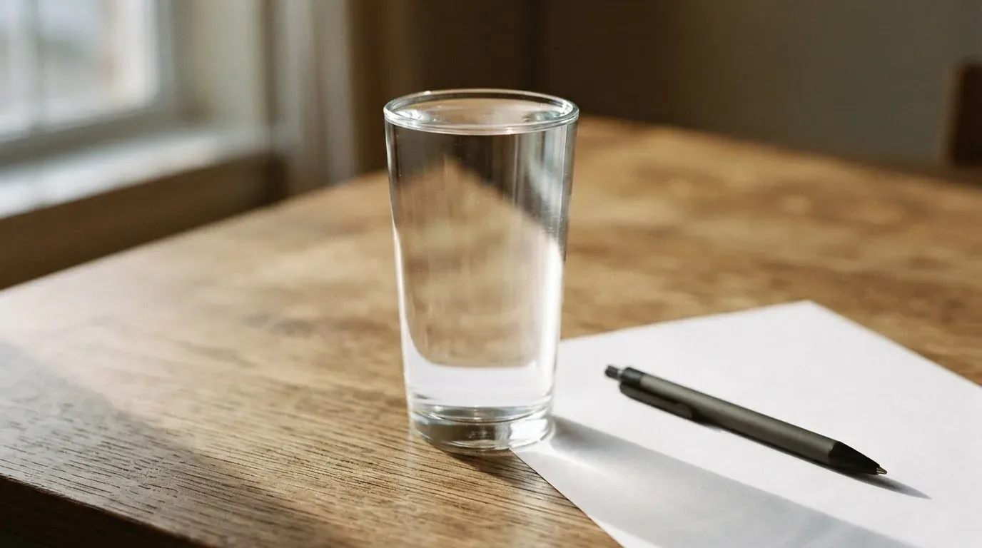 Ein Glas steht bis zum Rand gefüllt auf einem Holztisch, daneben ein Kugelschreiber und ein leeres Blatt Papier im Seitenlicht.