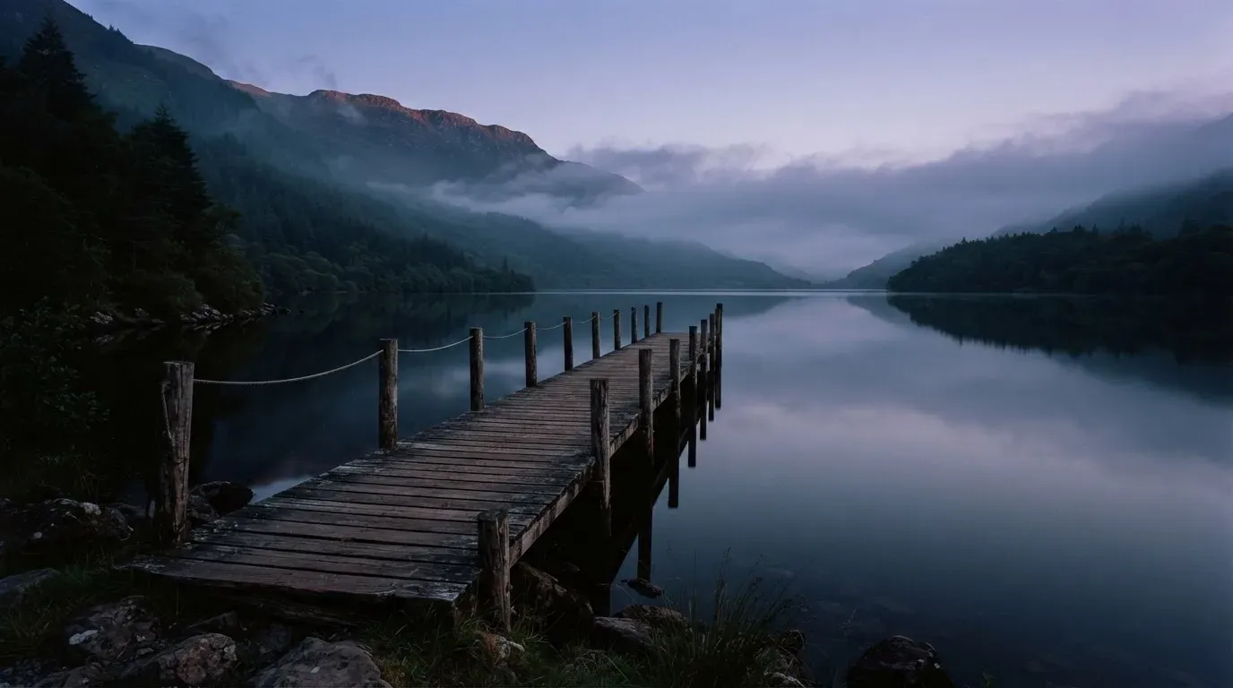 Ein Bergsee in der Dämmerung mit einem leeren Holzsteg, die Wasseroberfläche ist ruhig und Nebel zieht über die Hänge.