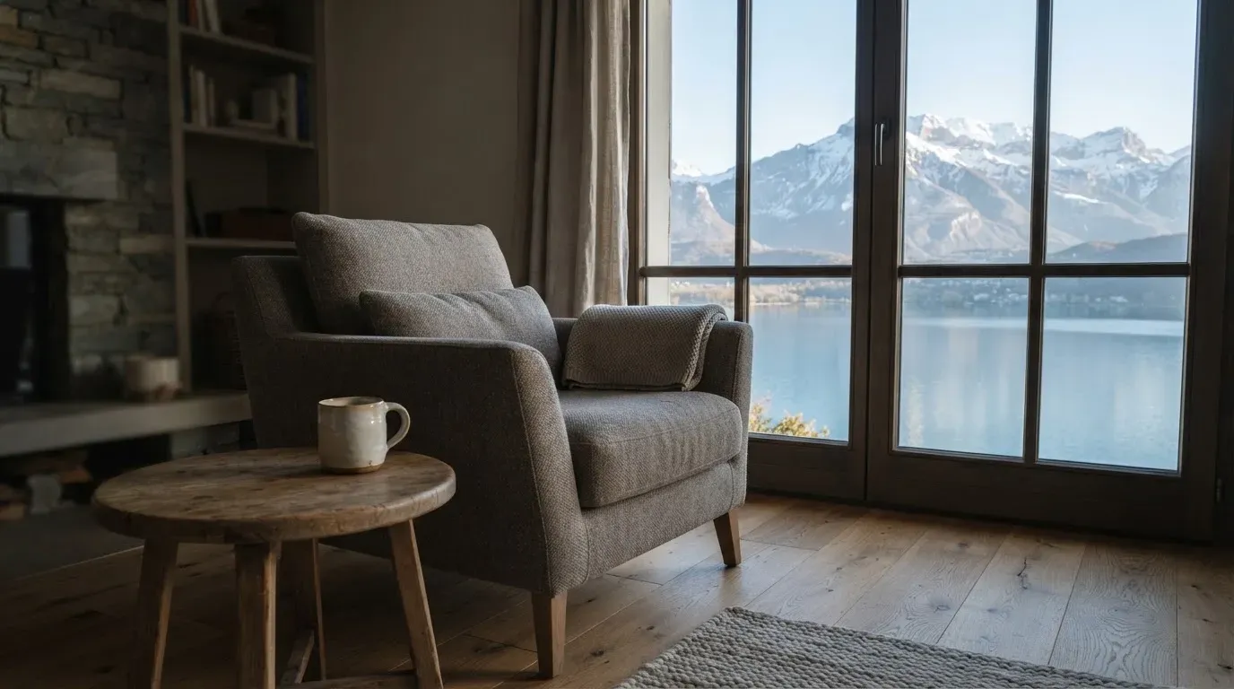 Ein leerer Sessel steht an einem Fenster mit Blick auf einen ruhigen See und schneebedeckte Berge im Morgenlicht.