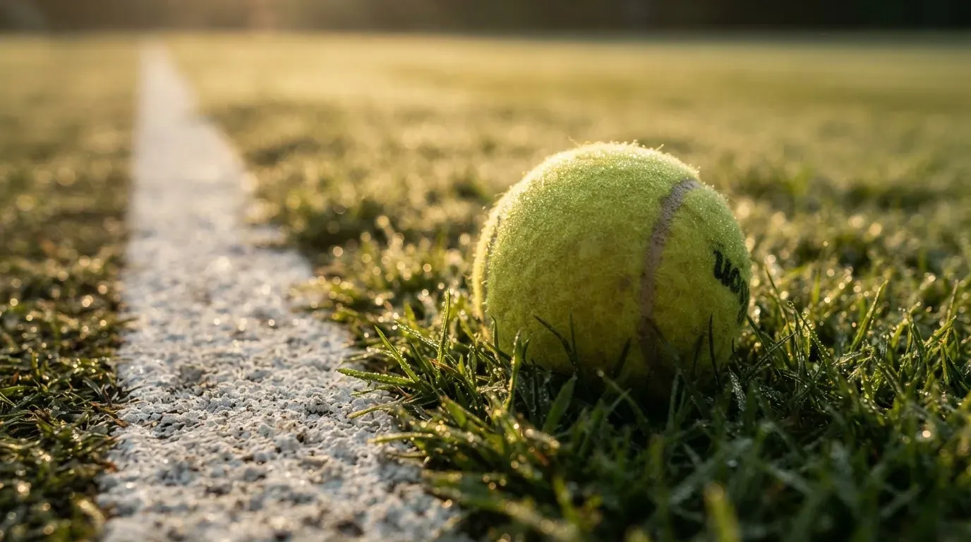 Ein gelber Tennisball liegt im Gras neben der weissen Grundlinie, Tau glitzert auf den Halmen im flachen Sonnenlicht.