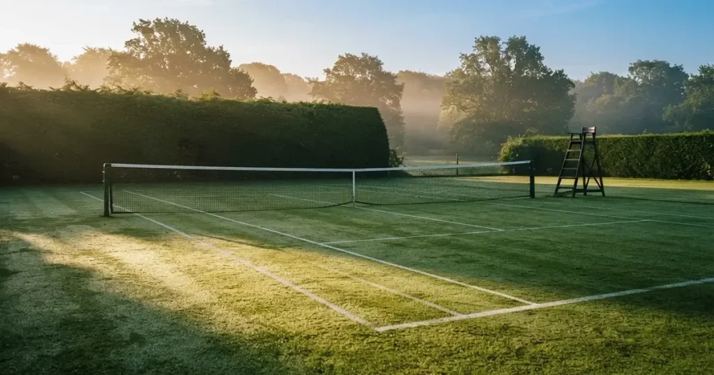 Ein Tennisplatz aus Rasen im ersten Morgenlicht mit frisch gezogenen Linien, einem Netz und einem leeren Schiedsrichterstuhl, dahinter hohe Hecken.
