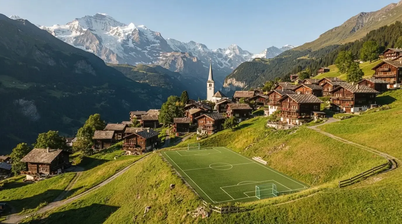 Ein Schweizer Bergdorf mit Kirchturm und einem kleinen Fussballplatz am Hang, im Hintergrund schneebedeckte Gipfel.
