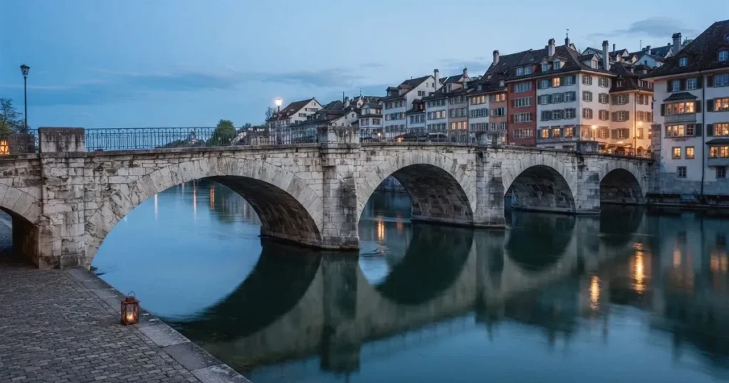 Eine alte Steinbrücke führt über einen Fluss in einer Schweizer Stadt, das Wasser ist ruhig und das Licht kühl.