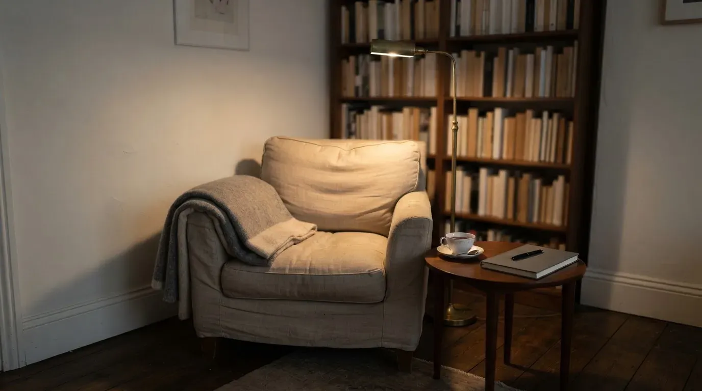 Ein Lesesessel mit Wolldecke steht neben einem Bücherregal und einer Stehlampe, auf dem Tisch eine Teetasse.