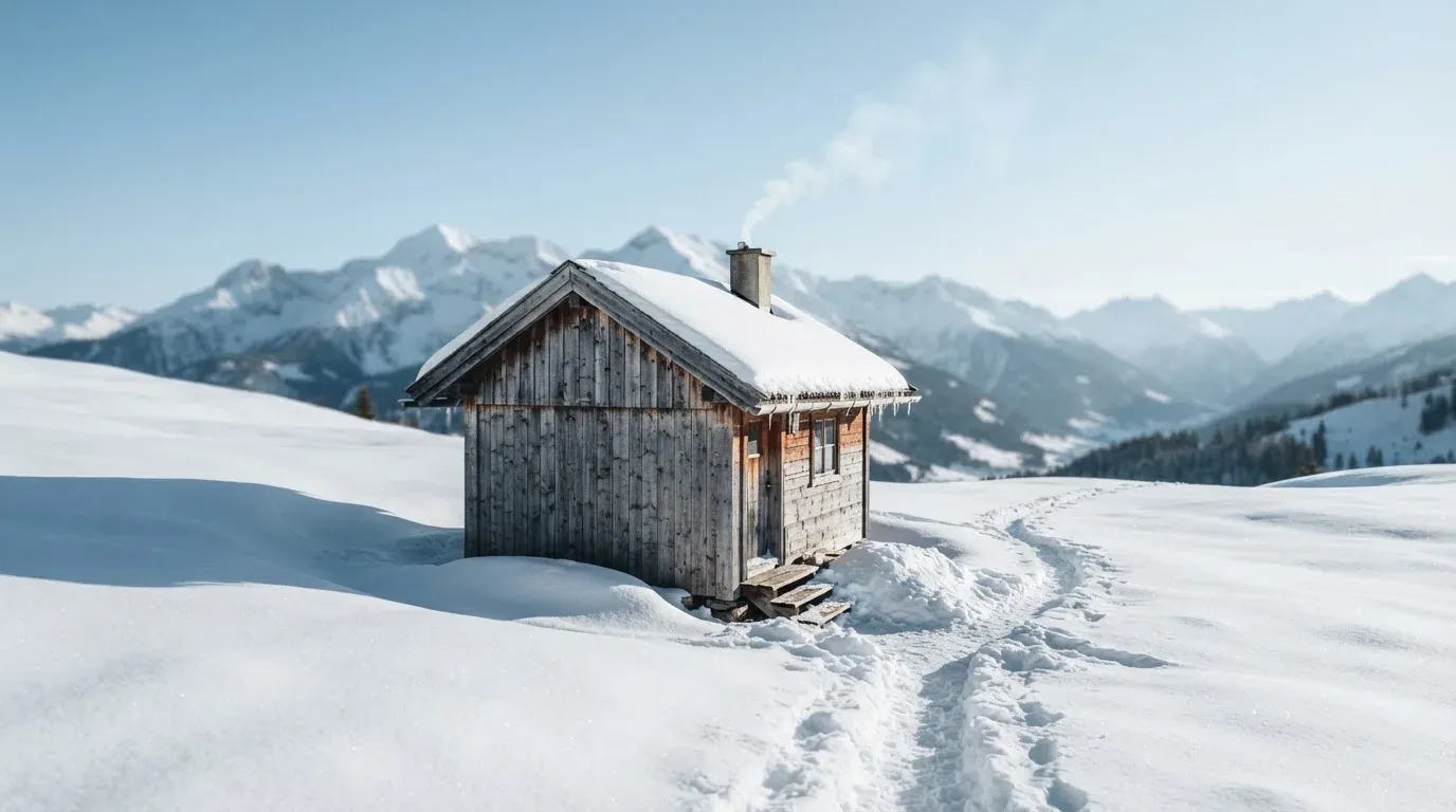 Eine Berghütte im Schnee mit rauchendem Kamin steht vor klarem Himmel, ein Pfad führt in die Stille.
