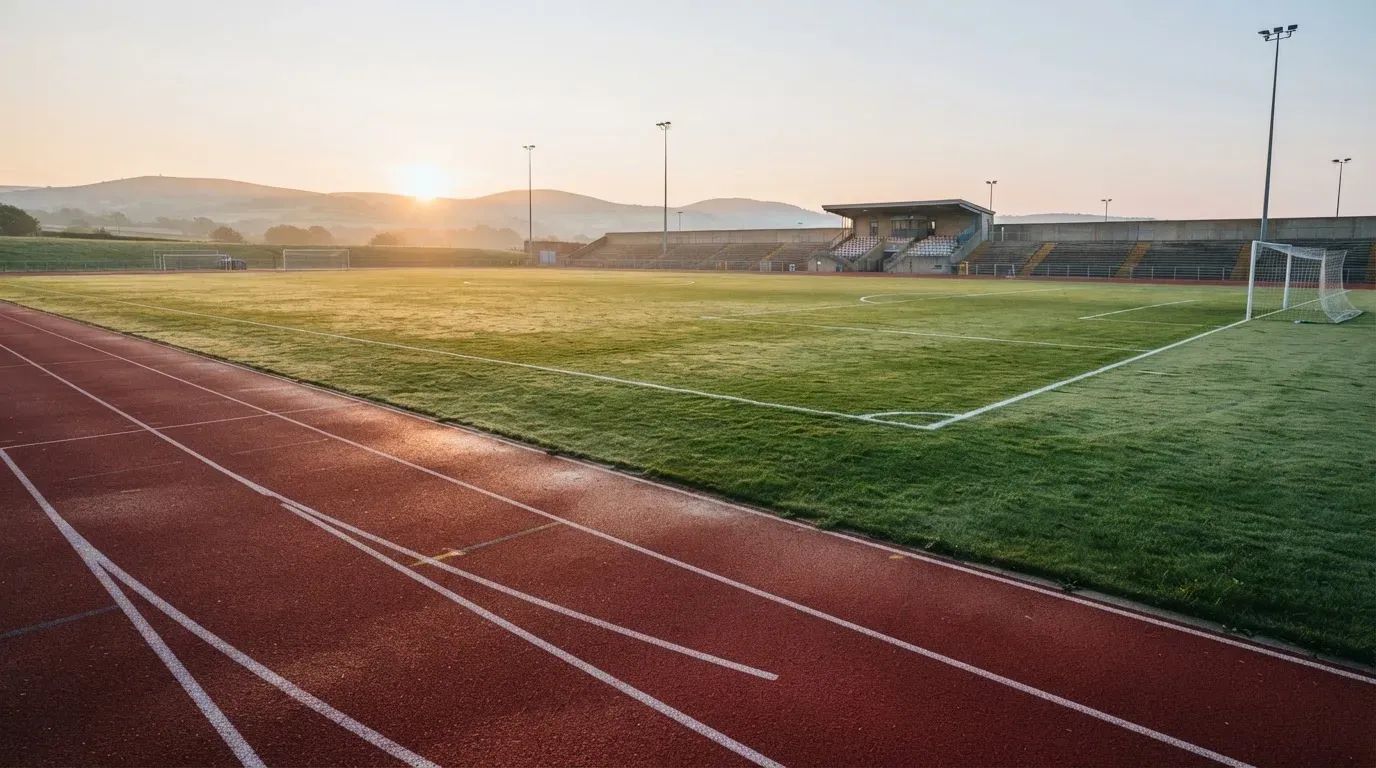 Eine rote Laufbahn umringt ein Fussballfeld beim Sonnenaufgang, auf dem Rasen liegt Tau.