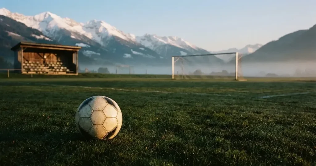 Ein Fussball liegt am frühen Morgen auf dem Rasen eines leeren Fussballfeldes, dahinter eine kleine Tribüne und schneebedeckte Berge.