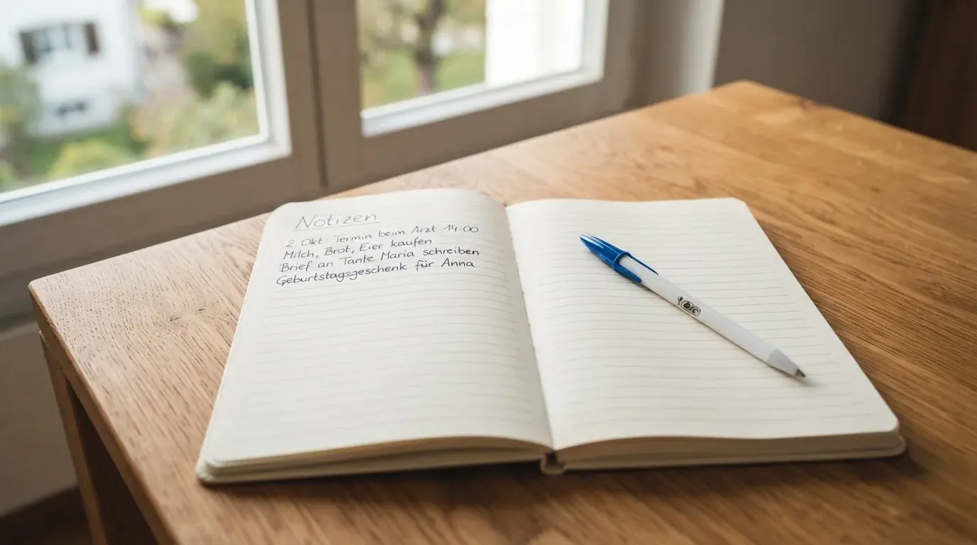 Ein aufgeschlagenes Notizbuch mit handschriftlichen Notizen und ein Kugelschreiber liegen auf einem Holztisch neben einem Fenster mit Tageslicht.