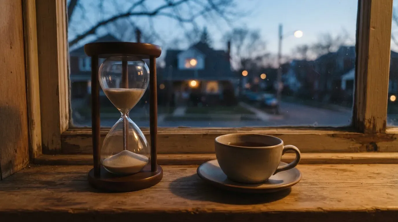 Eine Sanduhr steht auf einem Fensterbrett neben einer Tasse Tee, draussen dämmert es über einer ruhigen Strasse.
