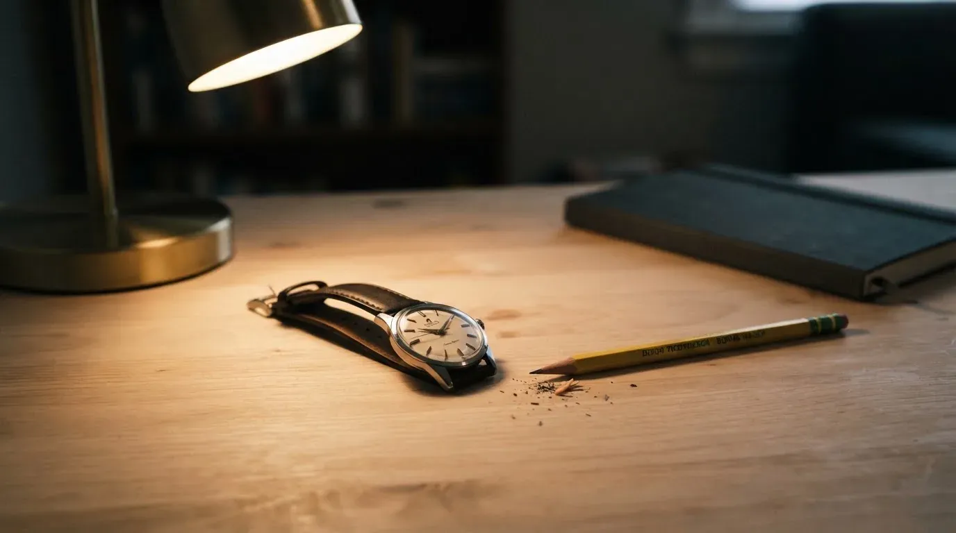 Eine Armbanduhr und ein gespitzter Bleistift liegen auf einem hellen Holztisch im Licht einer Schreibtischlampe.