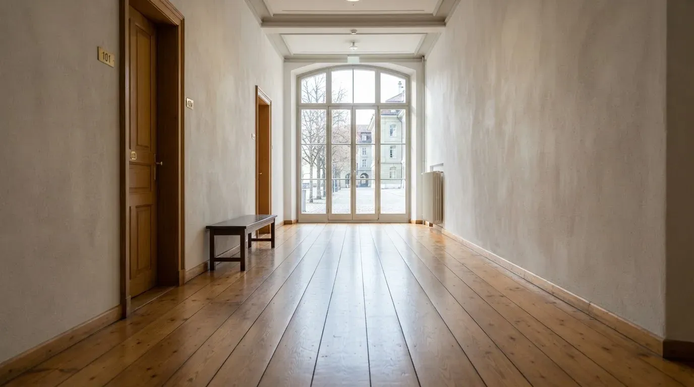 Ein langer, heller Flur in einem Verwaltungsgebäude mit Holzboden und hohen Fenstern am Ende, menschenleer.