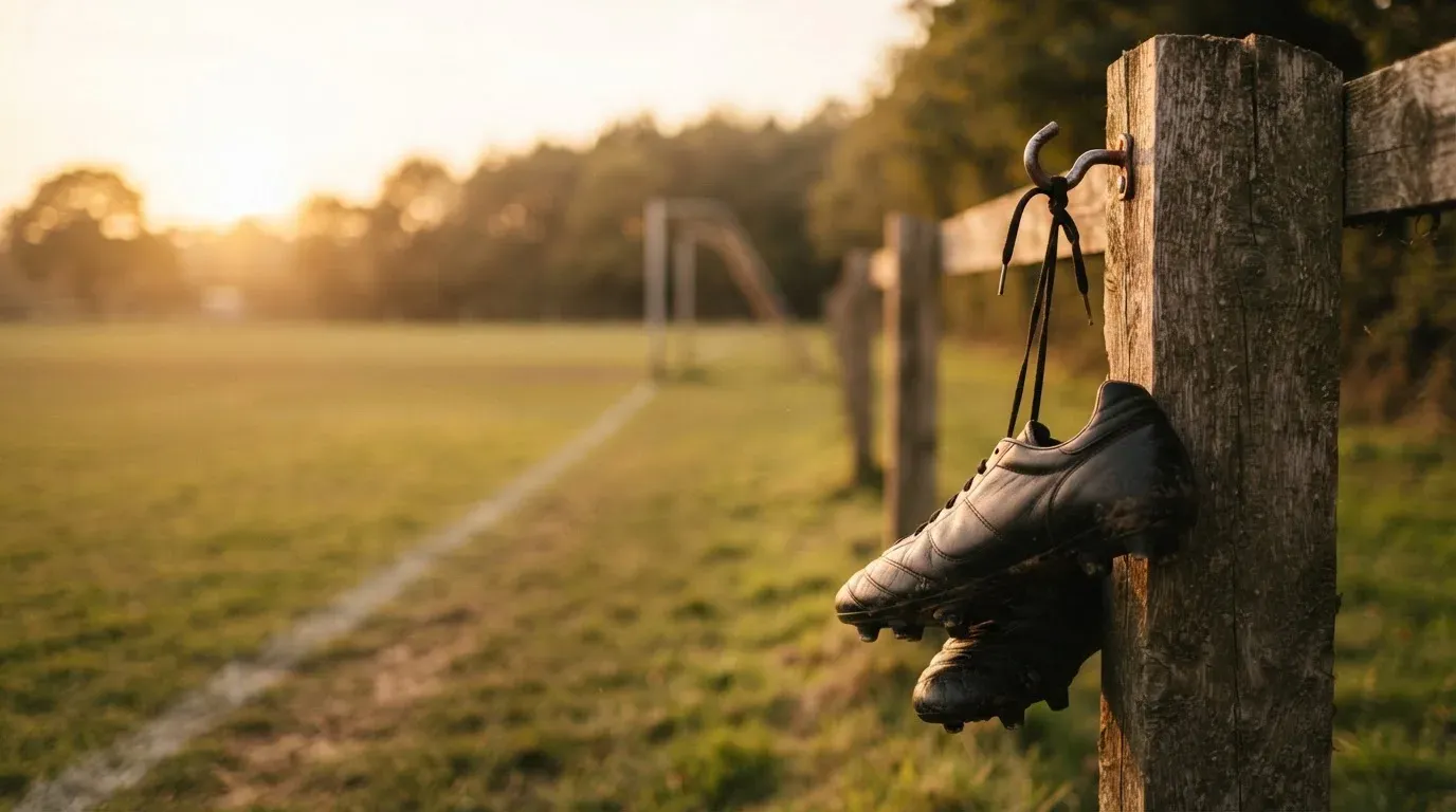 Ein Fussballschuh hängt an den Schnürsenkeln an einem Zaunpfosten neben einem Trainingsplatz im Abendlicht.