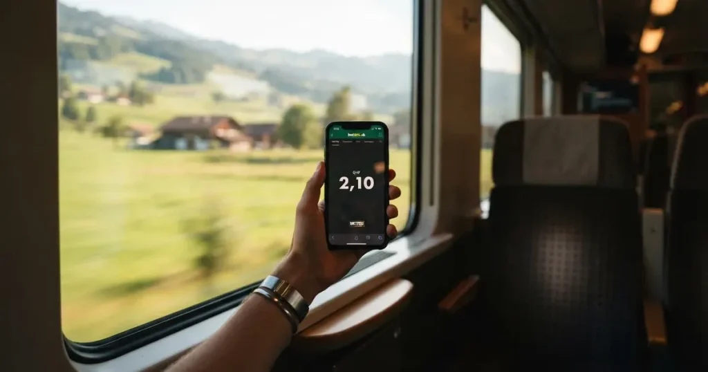 Eine Hand hält ein Smartphone mit schwarzem Bildschirm vor einem Zugfenster, draussen ziehen Hügel und Wiesen vorbei.