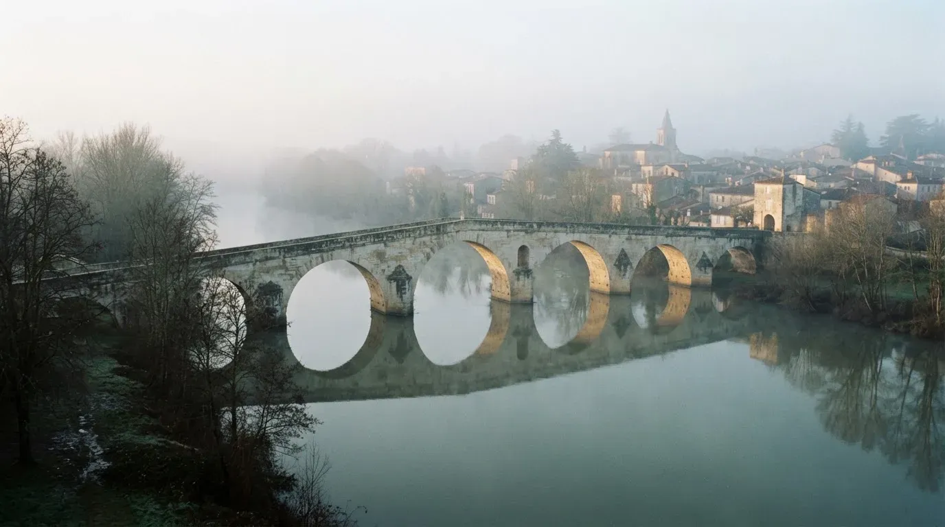 Eine Steinbrücke führt im Frühnebel über einen Fluss, auf dem Fussweg ist niemand zu sehen.