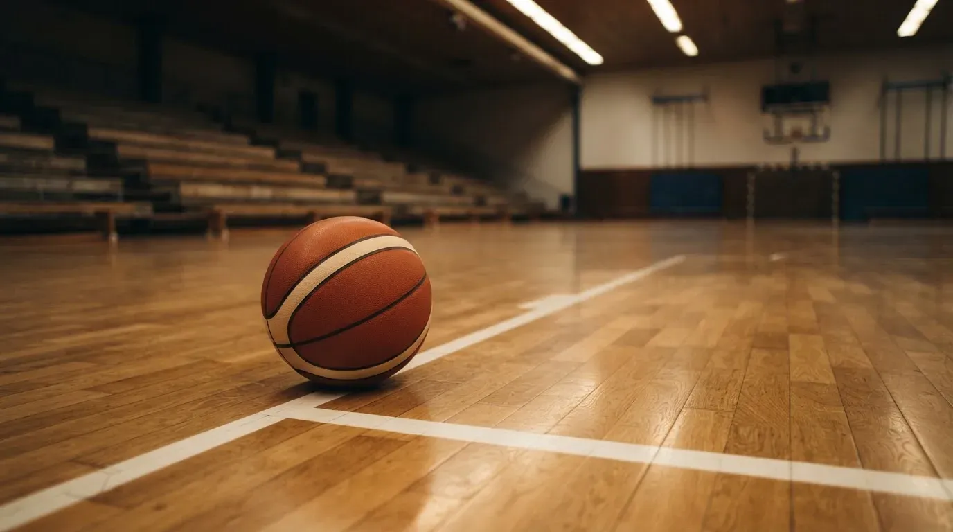 Ein Basketball liegt auf dem Parkett einer leeren Sporthalle im Licht der Deckenlampen.
