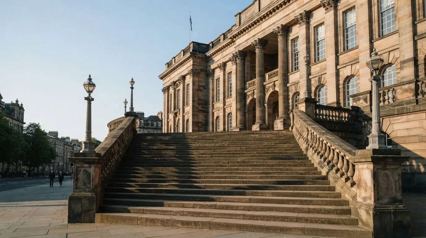 Eine breite Treppe aus Sandstein führt im Morgenlicht zu einem hohen Gebäude.