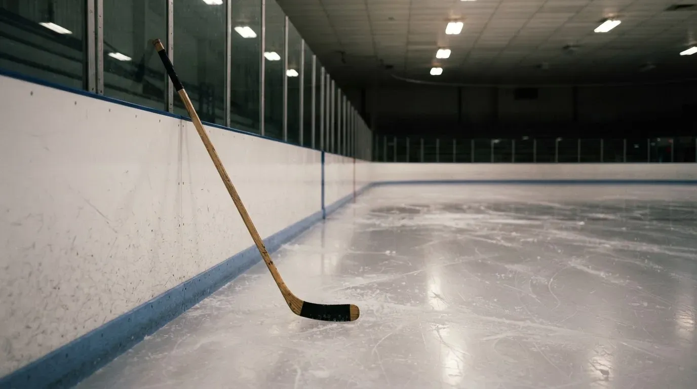 Ein Eishockeyschläger lehnt an der Bande einer leeren Halle, auf dem Eis spiegeln sich die Deckenlampen.