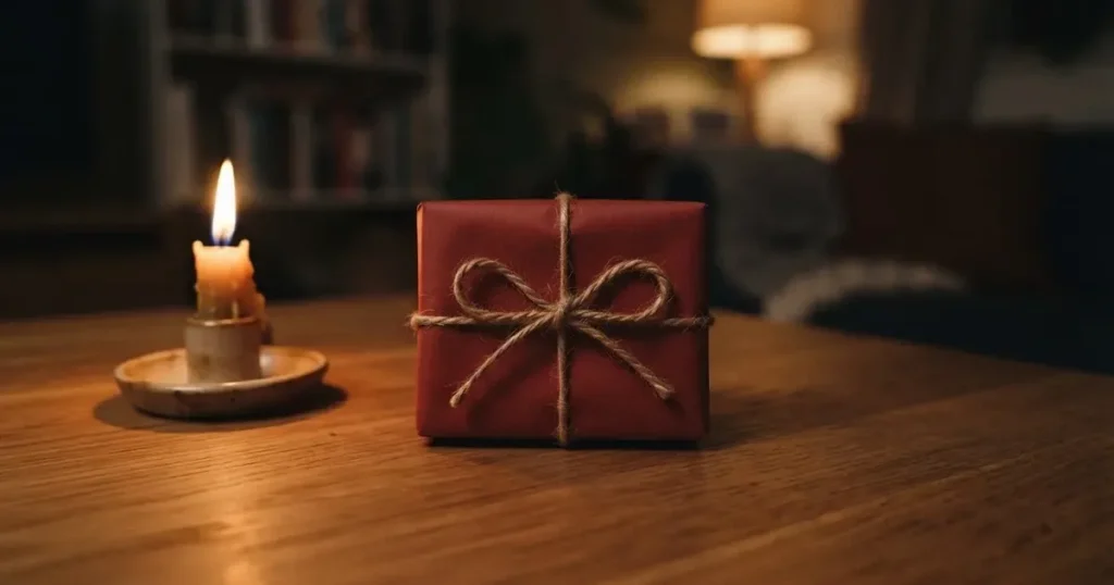 Ein einzelnes Geschenkpaket mit Schnur liegt auf einem Holztisch neben einer brennenden Kerze.