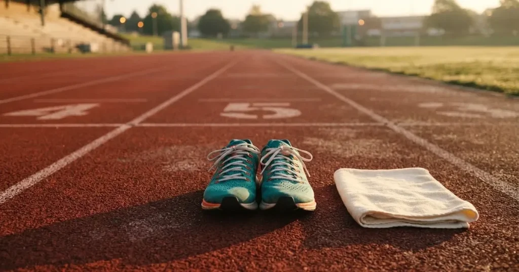 Ein Paar frisch geschnürter Laufschuhe steht auf einer roten Tartanbahn im Morgenlicht, daneben liegt ein Handtuch.