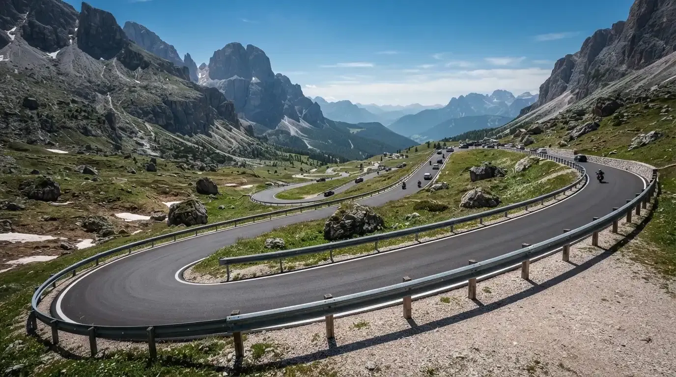 Eine Passstrasse mit Leitplanke windet sich an einem klaren Tag durch eine Berglandschaft.