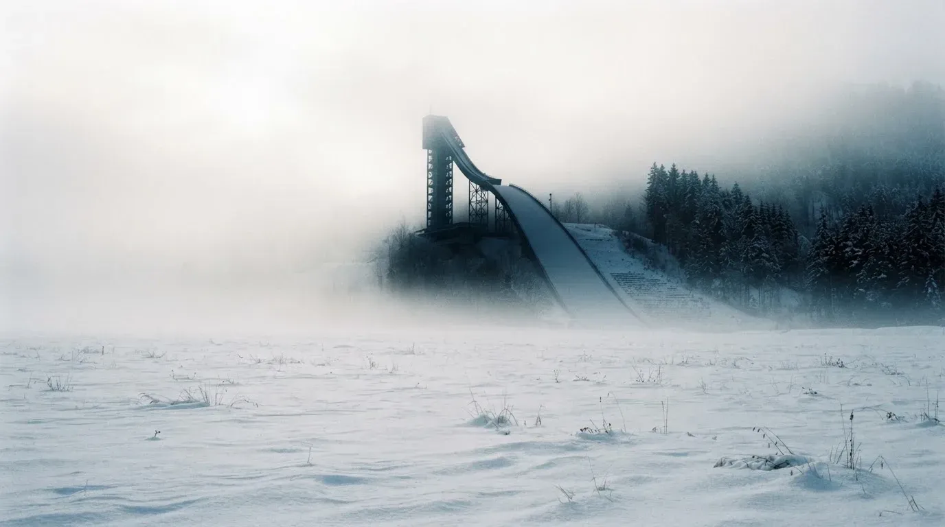Eine Skisprungschanze ragt aus der Ferne gesehen in den Morgennebel, davor ein verschneites Feld.
