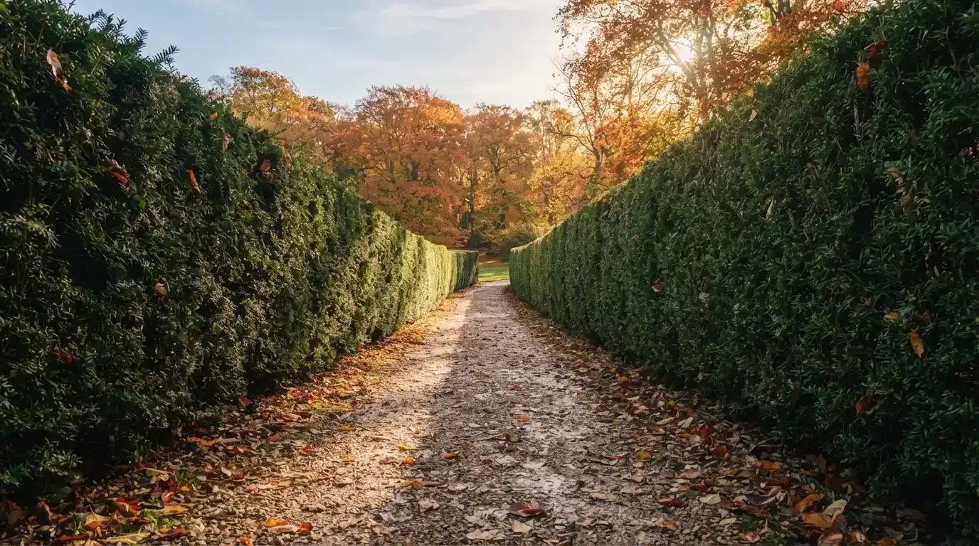 Ein schmaler Kiesweg führt zwischen zwei Hecken durch einen Park, auf dem Weg liegt Herbstlaub.