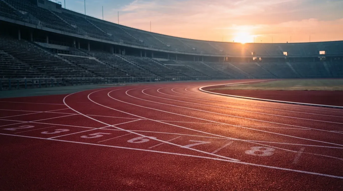 Eine rote Laufbahn in einem leeren Stadion bei Sonnenaufgang, die Bahnen ziehen sich in die Kurve.