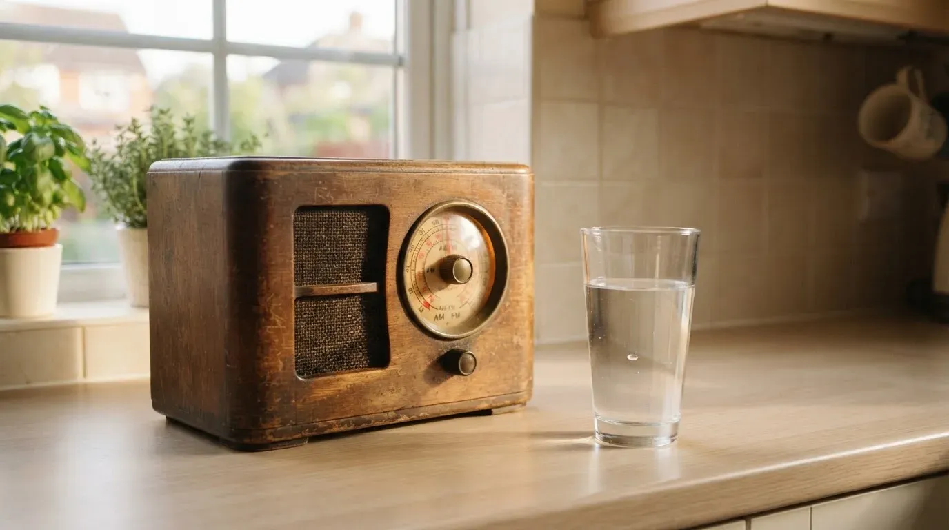 Ein altes Radio steht auf einer Küchenablage neben einem Glas Wasser, Morgenlicht fällt durchs Fenster.