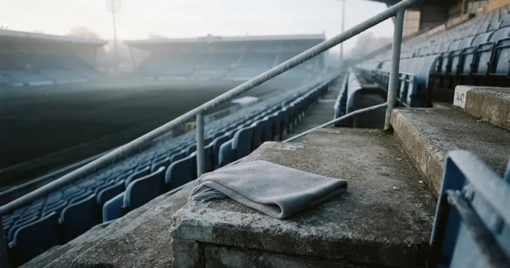 Ein einfarbiger grauer Schal liegt auf einer leeren Betontribüne, Raureif auf den Sitzen, kühles Morgenlicht über dem Stadion
