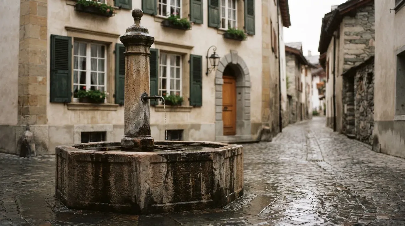 Ein Brunnen vor einer Sandsteinfassade in einer Altstadtgasse, nasses Kopfsteinpflaster und gedämpftes Licht eines bewölkten Morgens