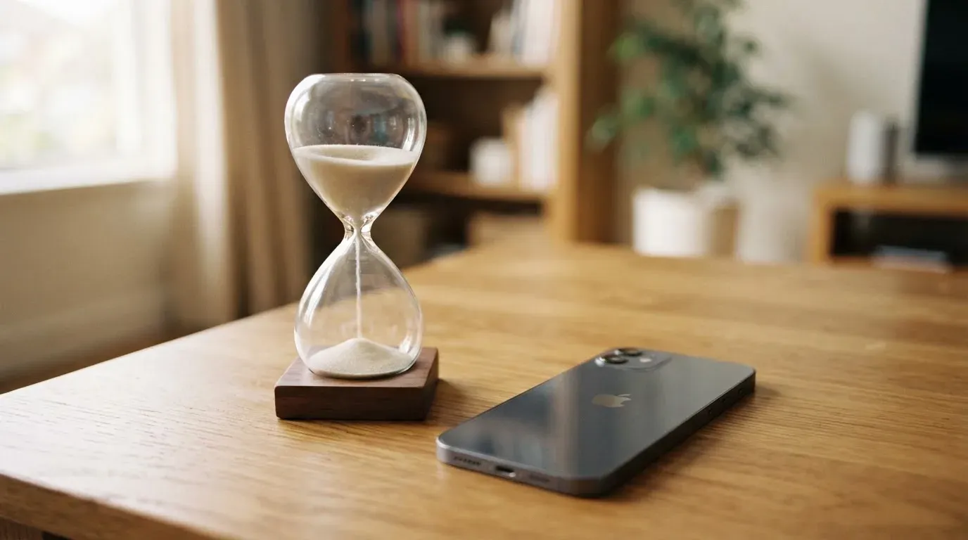Eine Sanduhr steht neben einem Smartphone mit dunklem Display auf einem Holztisch, ruhiges Tageslicht fällt von der Seite ein