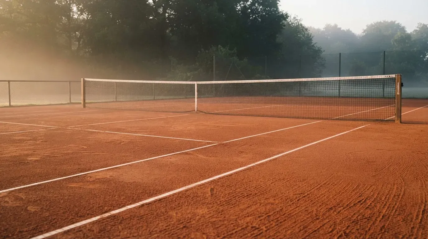 Ein Tennisplatz mit Sandbelag in der Morgendämmerung, Netz und Linien liegen im ersten Licht, Nebel hängt über dem Boden