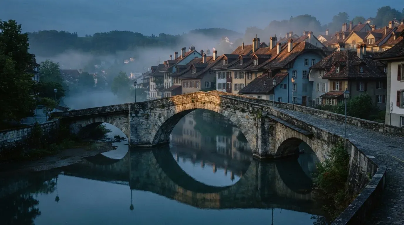 Eine steinerne Brücke über einen Fluss in einer Kleinstadt am frühen Morgen, Nebel zieht zwischen den Dächern hindurch