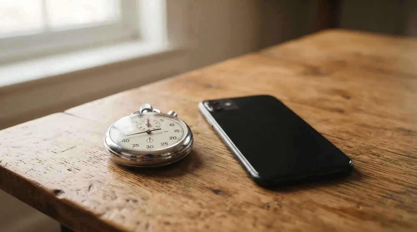Eine Stoppuhr und ein Smartphone mit dunklem Display liegen nebeneinander auf einem Holztisch, weiches Fensterlicht