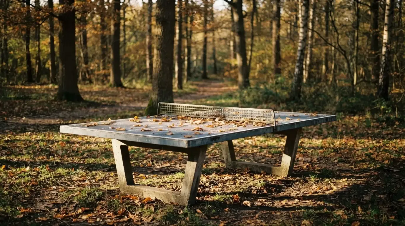 Eine Tischtennisplatte im Freien unter Bäumen, Herbstlaub liegt auf der Platte, das Licht fällt schräg durch die Äste