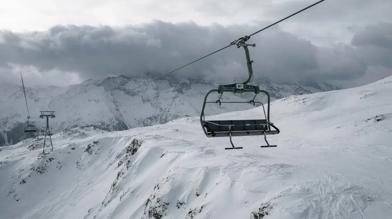 Ein Sessel eines Skilifts schwebt über einer verschneiten Hangkante, dahinter ziehen graue Wolken auf
